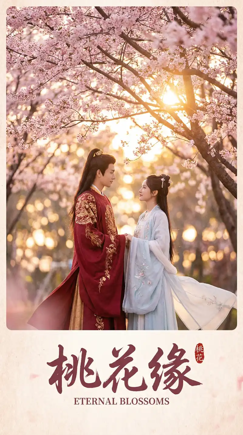 海角社区热门讨论影片桃花缘海报，古装男女主角在樱花树下