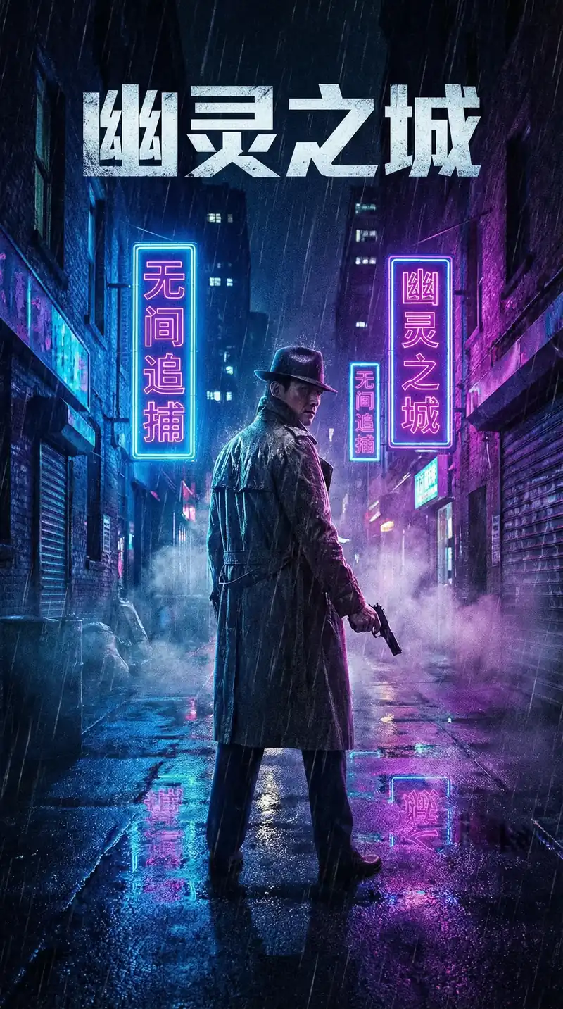 免费看片栏目精选悬疑电影幽灵之城海报，侦探在雨夜街头追踪线索